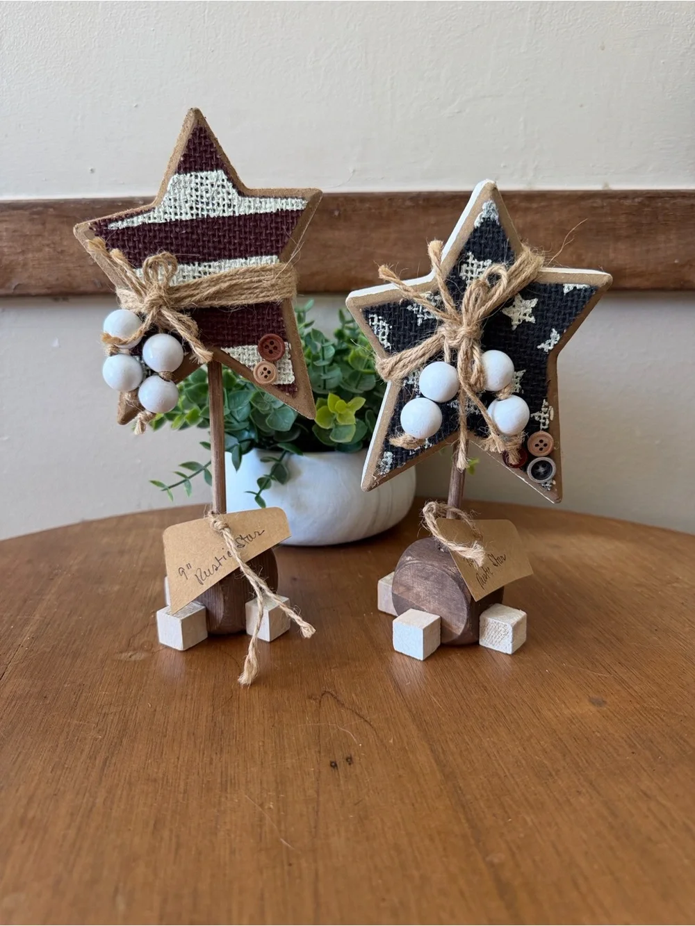 Rustic Burlap Star USA Holiday Table Decor - Set of 2